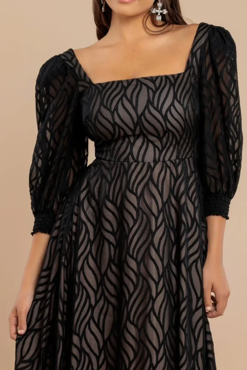 Puff Sleeve Side Slit Flared Jacquard Chiffon Midi Dress - Black by Goddiva