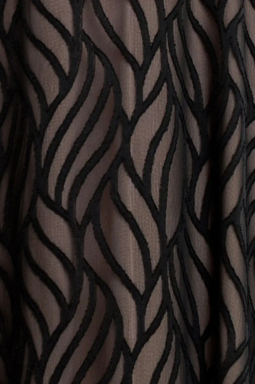 Puff Sleeve Side Slit Flared Jacquard Chiffon Midi Dress - Black by Goddiva