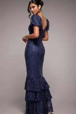 Puff Sleeve Tiered Hem Maxi Dress - Navy by Goddiva