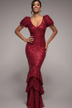 Puff Sleeve Tiered Hem Maxi Dress - Wine by Goddiva
