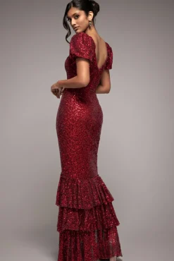 Puff Sleeve Tiered Hem Maxi Dress - Wine by Goddiva