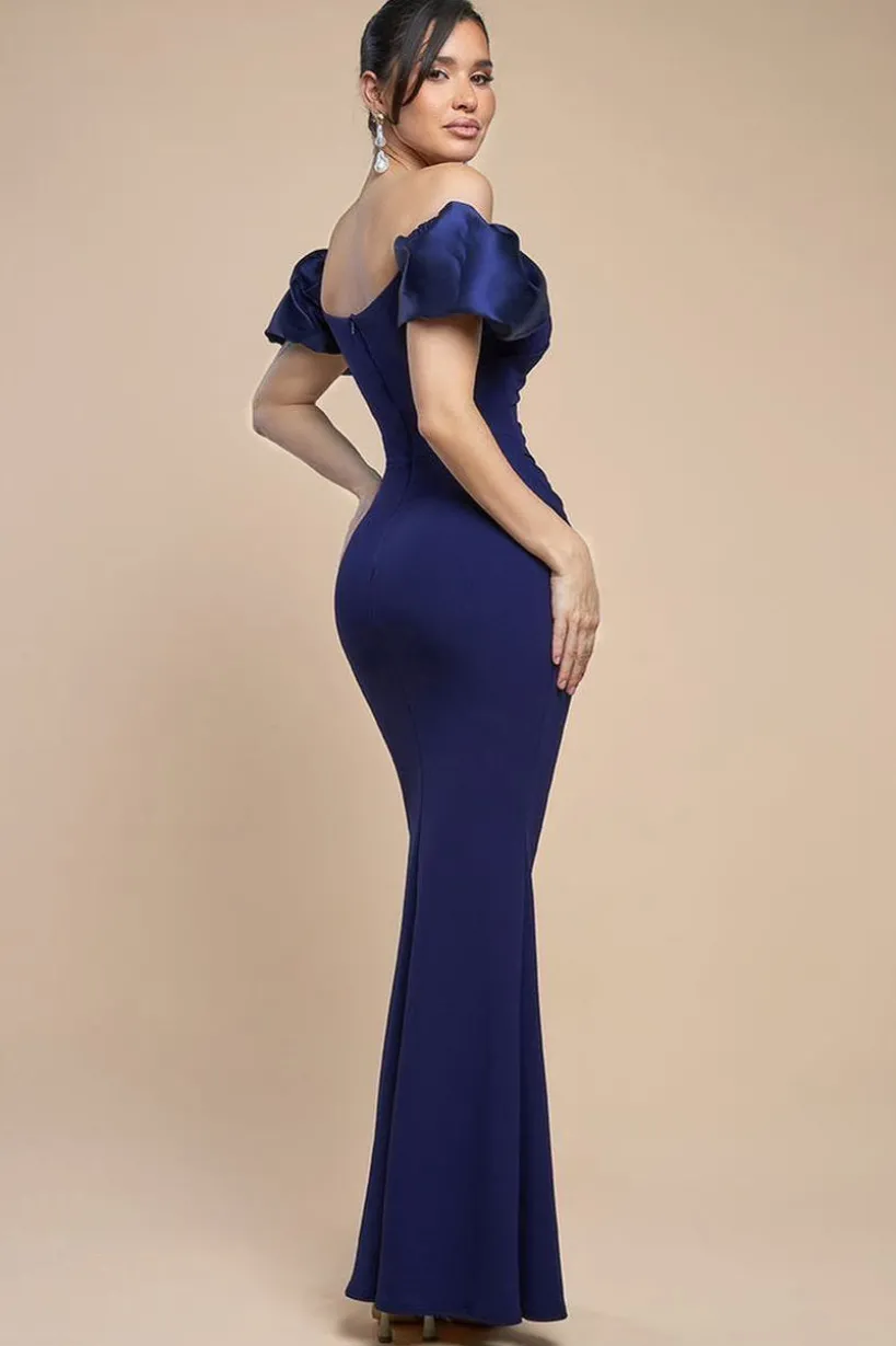 Puffy Satin Sleeve Scuba Maxi Dress - Navy Blue by Goddiva