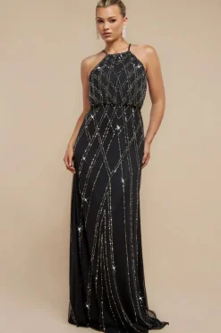 Racer Neck Sleeveless Hand Embellished Sequin Maxi Dress - Black by Goddiva
