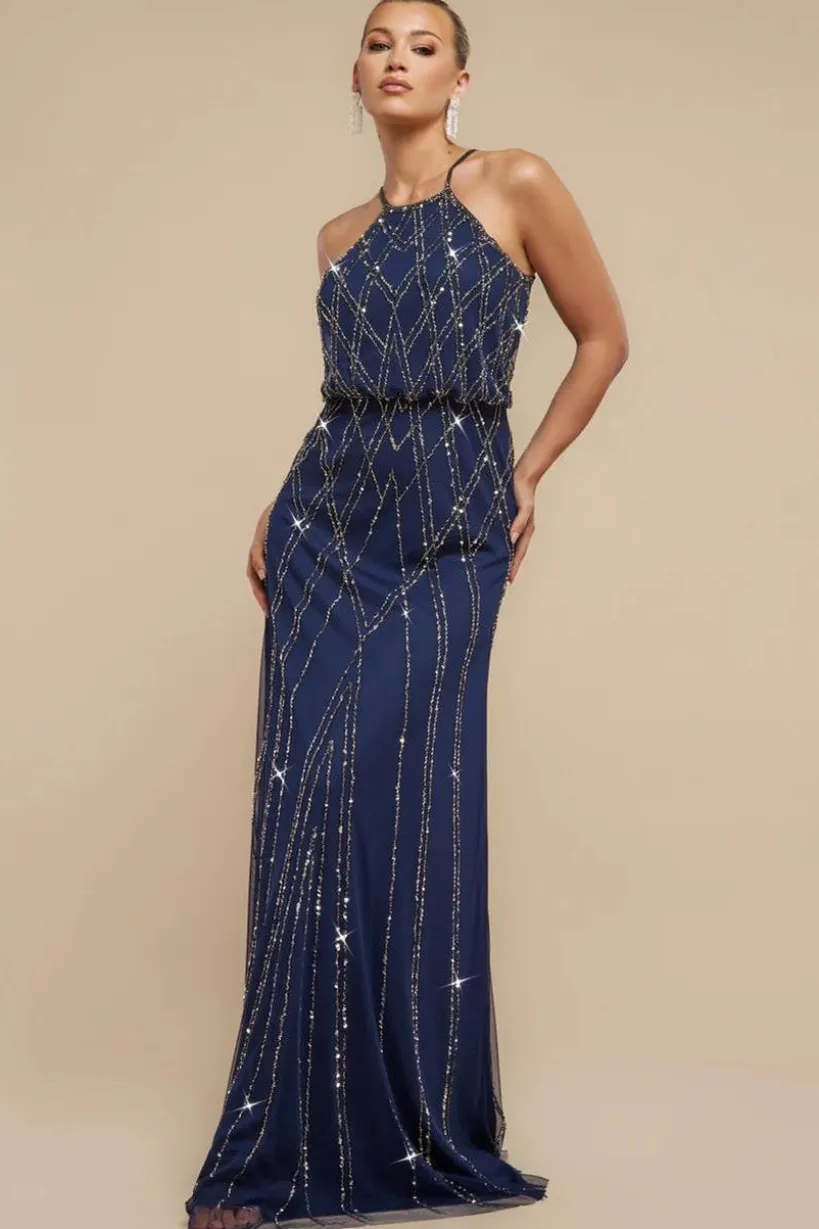 Racer Neck Sleeveless Hand Embellished Sequin Maxi Dress - Navy Blue by Goddiva