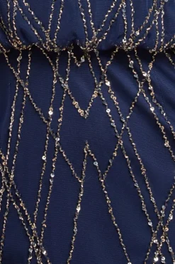 Racer Neck Sleeveless Hand Embellished Sequin Maxi Dress - Navy Blue by Goddiva