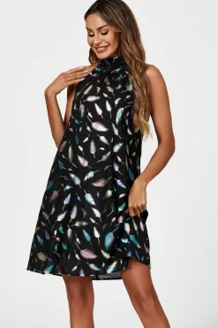 Rainbow Leaf Foil Halter Neck Tie Back Mini Dress In Black by FS Collection
