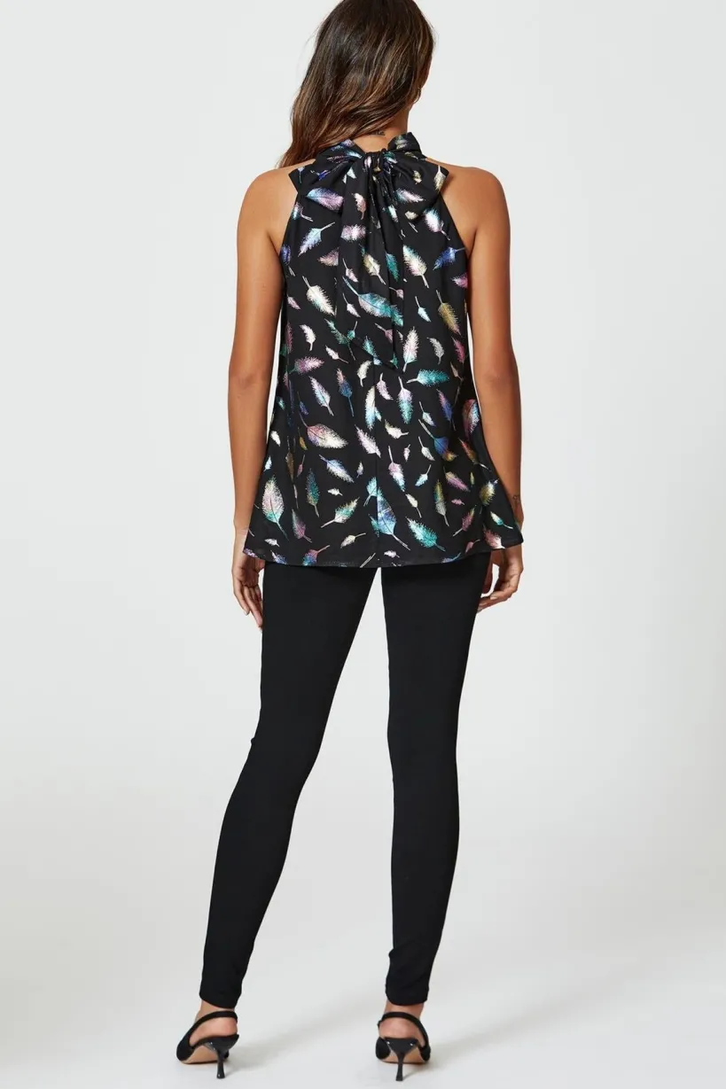 Rainbow Leaf Foil Star Halter Neck Tie Back Top In Black by FS Collection