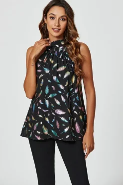 Rainbow Leaf Foil Star Halter Neck Tie Back Top In Black by FS Collection