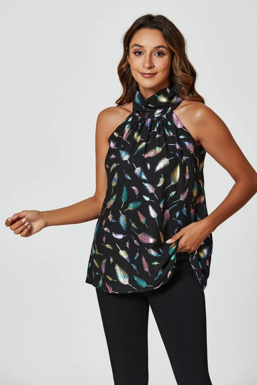 Rainbow Leaf Foil Star Halter Neck Tie Back Top In Black by FS Collection