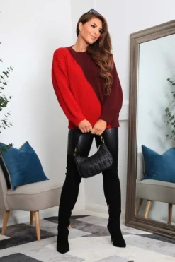 Red And Burgundy Diagonal Contrast Colour Block Oversized Knit Jumper by Double Second