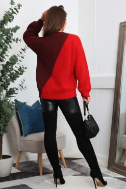 Red And Burgundy Diagonal Contrast Colour Block Oversized Knit Jumper by Double Second