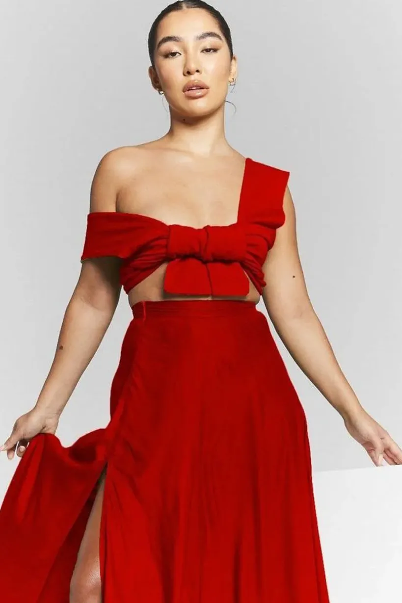 Red Flared Split Maxi Skirt by InFlair