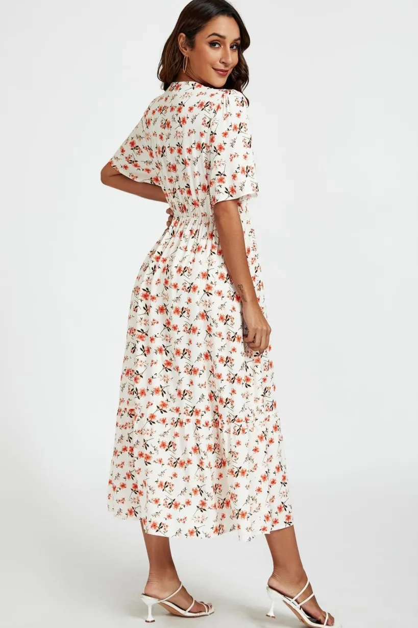 Red Floral Print Lace Detail Angel Sleeve Midi Dress In Cream by FS Collection