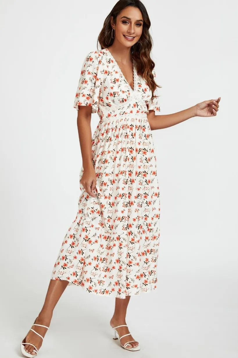 Red Floral Print Lace Detail Angel Sleeve Midi Dress In Cream by FS Collection