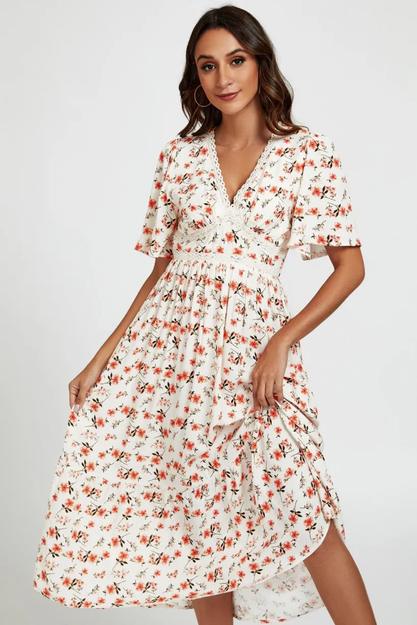 Red Floral Print Lace Detail Angel Sleeve Midi Dress In Cream by FS Collection