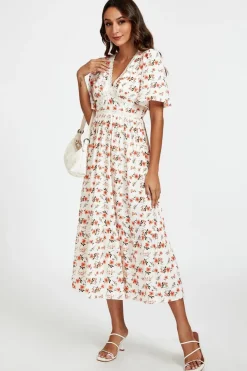 Red Floral Print Lace Detail Angel Sleeve Midi Dress In Cream by FS Collection