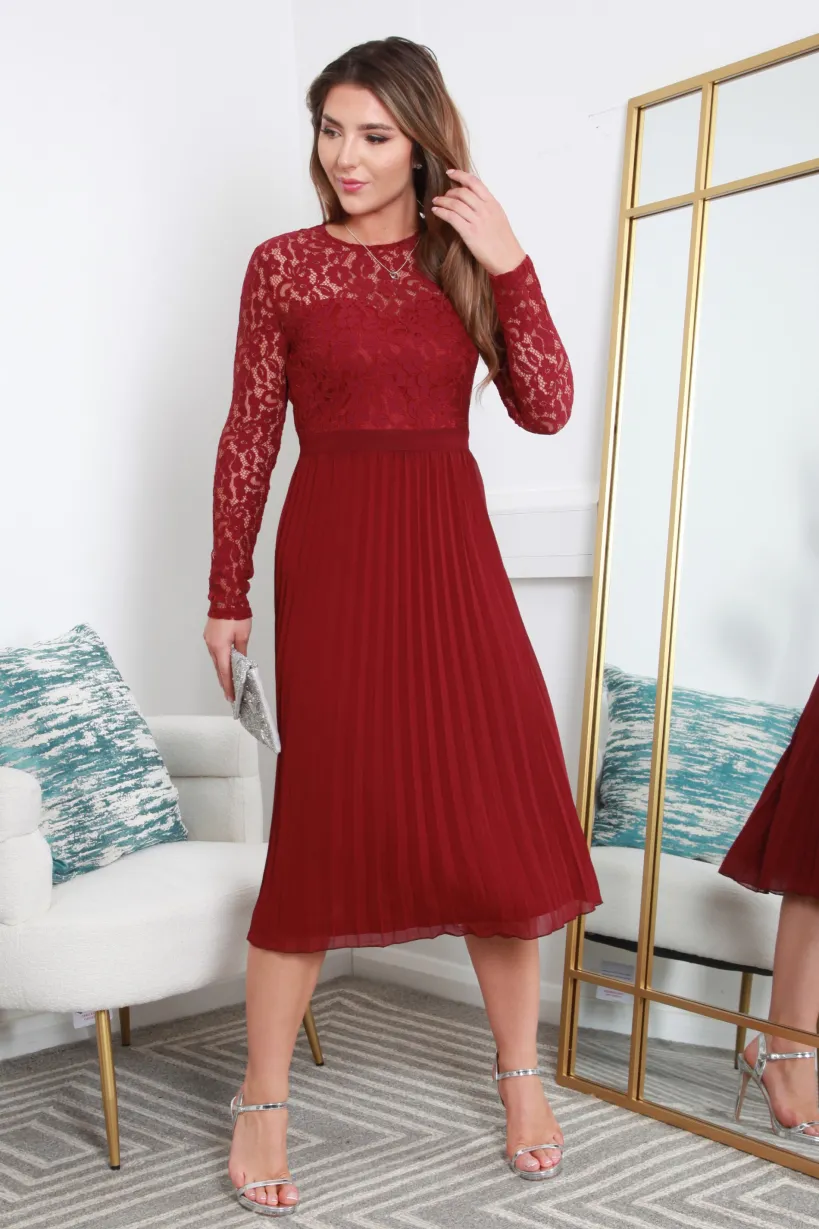 Red Long Sleeve Lace Pleated Dress by Double Second