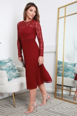 Red Long Sleeve Lace Pleated Dress by Double Second