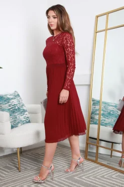 Red Long Sleeve Lace Pleated Dress by Double Second