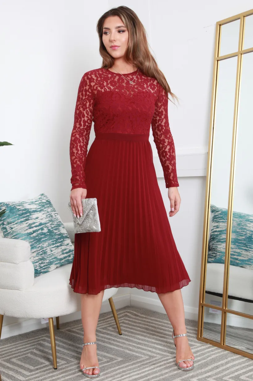 Red Long Sleeve Lace Pleated Dress by Double Second