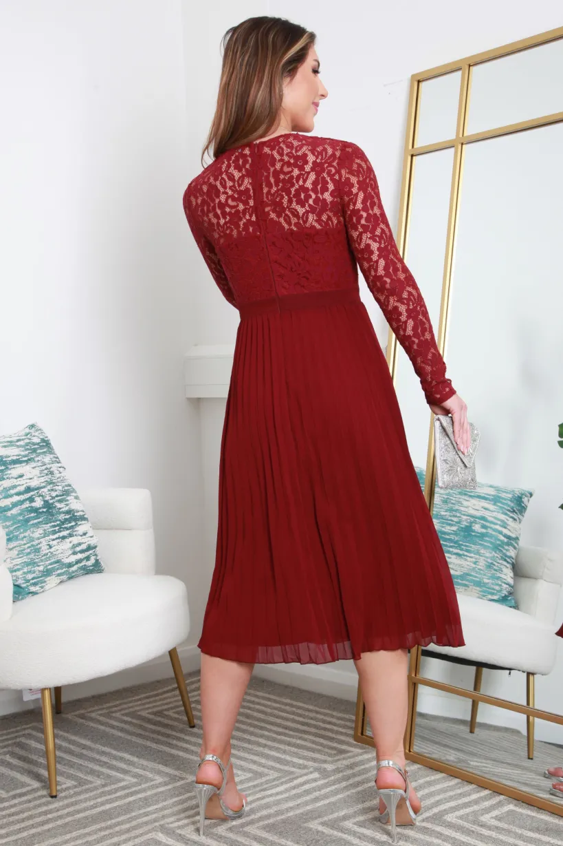 Red Long Sleeve Lace Pleated Dress by Double Second