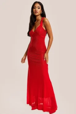 Red Sequin Maxi Dress With Open Back Detail by Liquorish