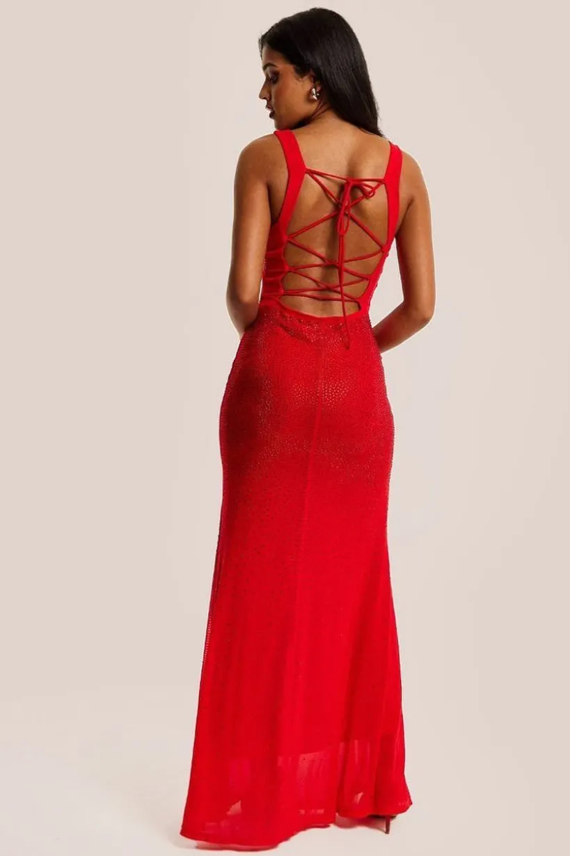 Red Sequin Maxi Dress With Open Back Detail by Liquorish