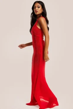 Red Sequin Maxi Dress With Open Back Detail by Liquorish