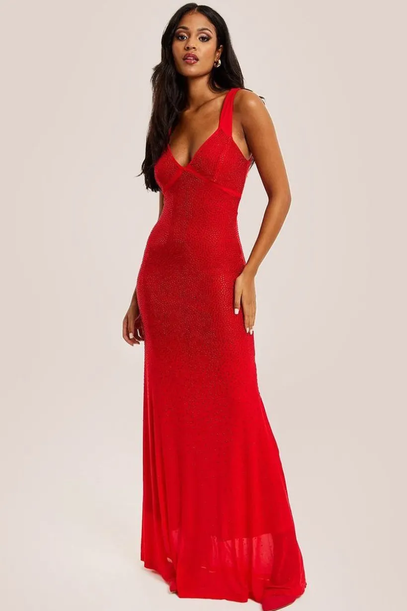 Red Sequin Maxi Dress With Open Back Detail by Liquorish