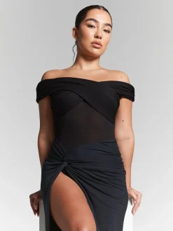 Rhea Black Pleated Bardot Bodysuit by InFlair