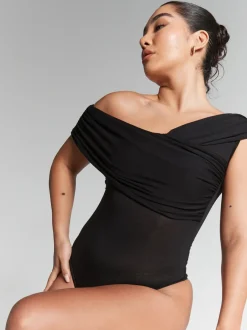Rhea Black Pleated Bardot Bodysuit by InFlair