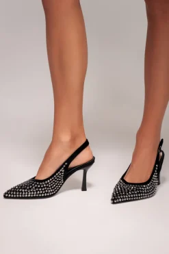 Rhinestone Slingback Heeled Court Shoes - Black by Goddiva