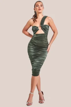 Ring Detail One Shoulder Ruched Midi - Khaki by Goddiva