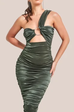 Ring Detail One Shoulder Ruched Midi - Khaki by Goddiva