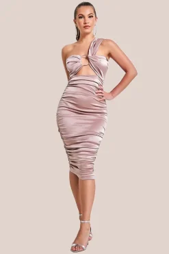 Ring Detail One Shoulder Ruched Midi - Champagne by Goddiva
