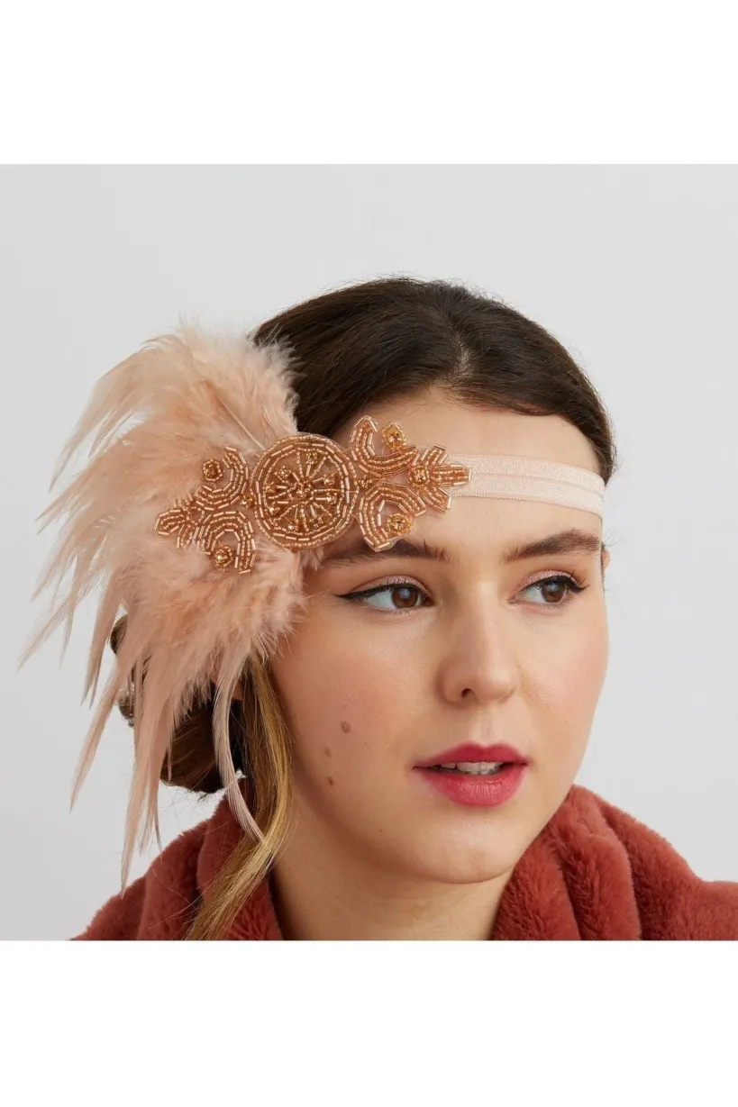 Rose Gold Flapper Headband With Feathers by QueenMee Accessories
