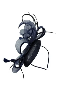 Round Pill Box Fascinator With Bow & Feathers In Navy by SVNX