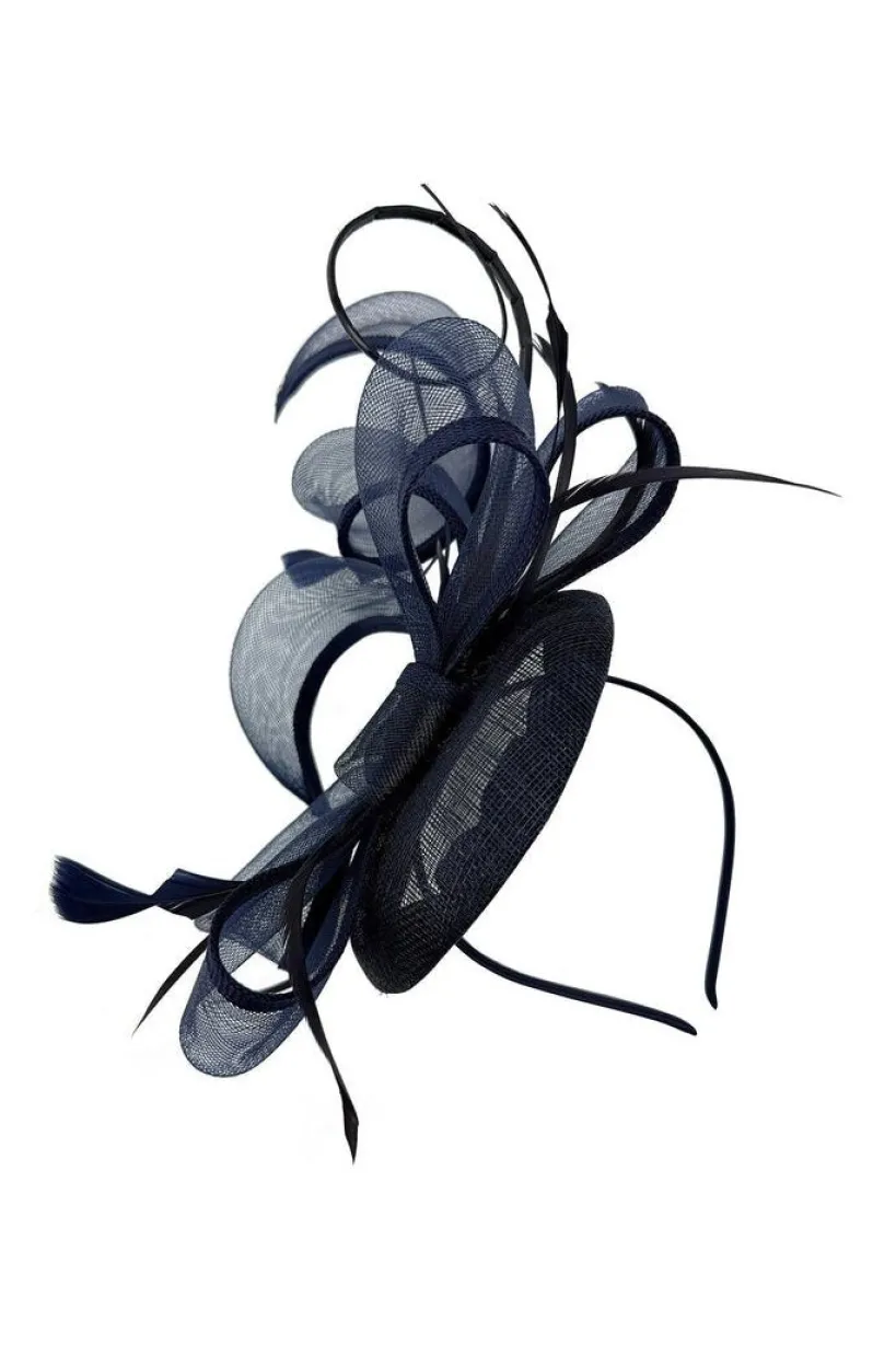 Round Pill Box Fascinator With Bow & Feathers In Navy by SVNX