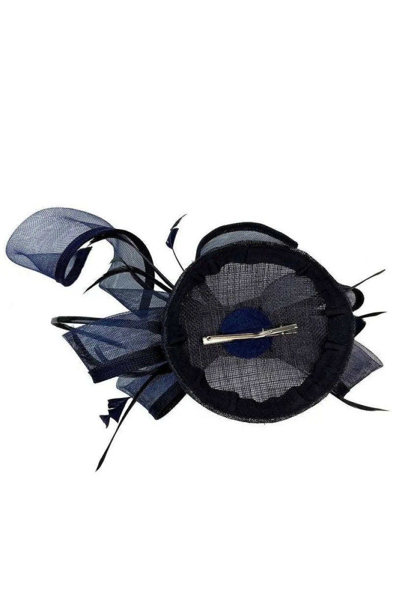 Round Pill Box Fascinator With Bow & Feathers In Navy by SVNX