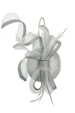 Round Pill Box Fascinator With Bow & Feathers In Grey by SVNX