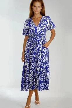 Royal Blue Puff Sleeve Midi Dress by Aftershock London