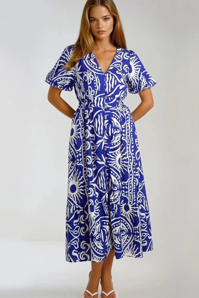 Royal Blue Puff Sleeve Midi Dress by Aftershock London