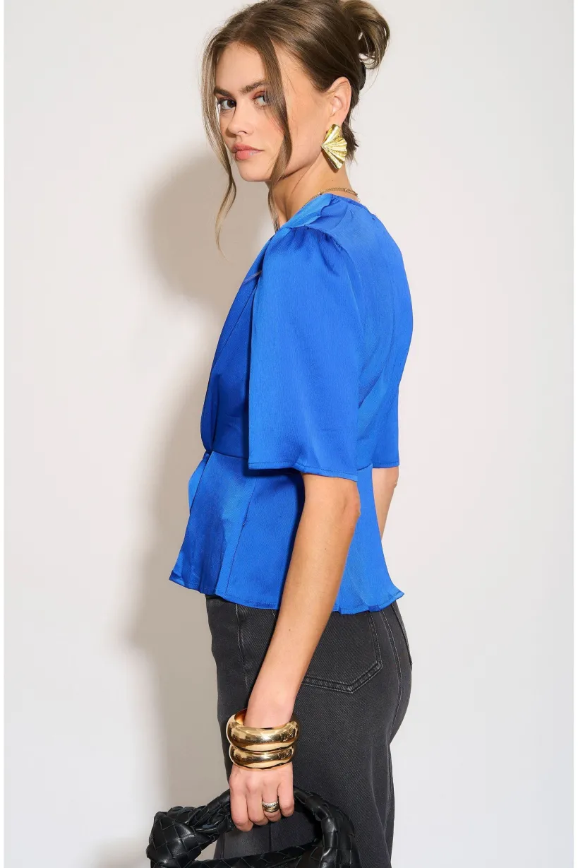 Royal Blue Short Sleeve Knotted Crepe Satin Top by LOVE SUNSHINE