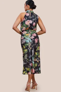 Ruched Asymmetric High Neck Satin Midi Dress by Urban Touch