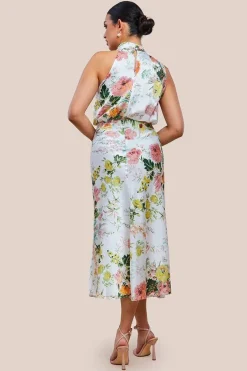 Ruched Asymmetric High Neck Satin Midi Dress by Urban Touch