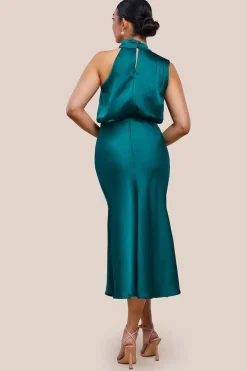 Ruched Asymmetric High Neck Satin Midi Dress by Urban Touch