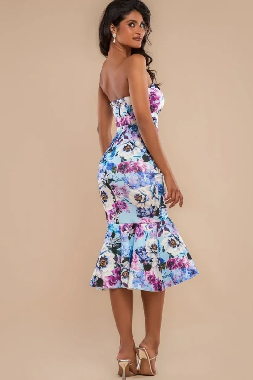Ruffled Floral Scuba Foam Bandeau Midi Dress - Blue by Goddiva