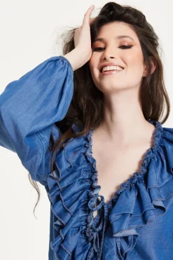 Ruffled V-Neck Long Sleeve Top by Liquorish