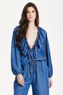Ruffled V-Neck Long Sleeve Top by Liquorish