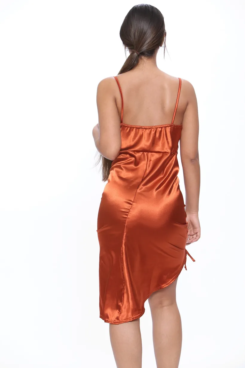 Rusty Ruched Side Slit Satin Mini Dress by Avinci
